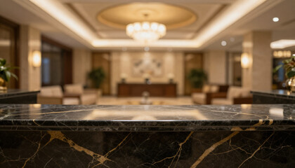 Luxury hotel lobby with marble reception desk and elegant chandelier overhead