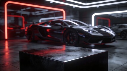 Luxury sports car displayed in a modern showroom with neon lighting