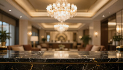 Luxury Hotel Lobby Interior With Chandelier And Marble Countertop Bokeh Effect