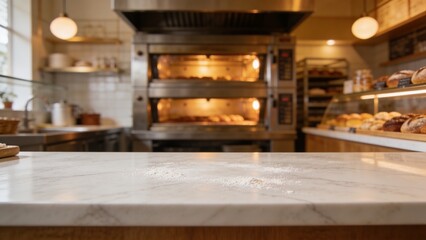 Empty marble countertop in a bustling commercial bakery kitchen with ovens, perfect for product display