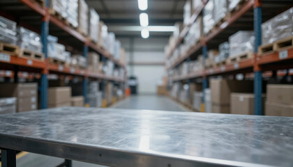 Warehouse interior with shelves full of boxes and a metal table in the foreground, perfect for product placement