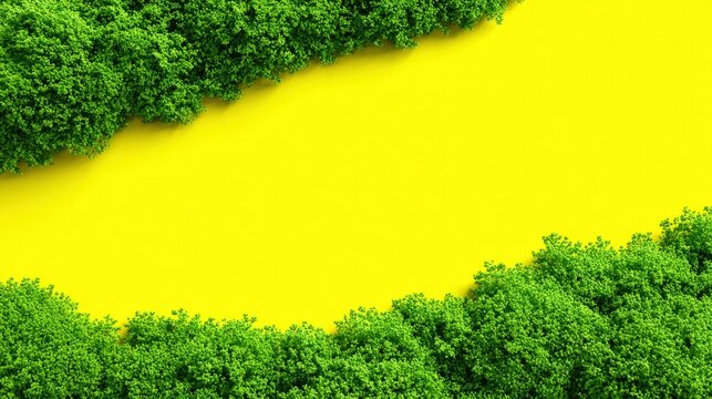 Vibrant yellow river surrounded by dense green forest from above