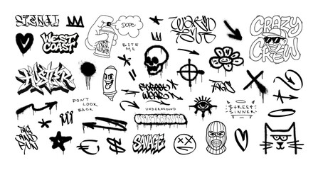 Urban street art wall, black graffiti, tags, lettering, doodles with spray effect. Graffiti collection for streetwear, t-shirt, merch. Street art graphic box in underground, hip-hop style. Vector set