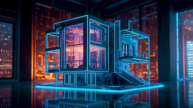Glowing quantum computer processor chamber inside advanced research laboratory with neon lighting and transparent technology modules