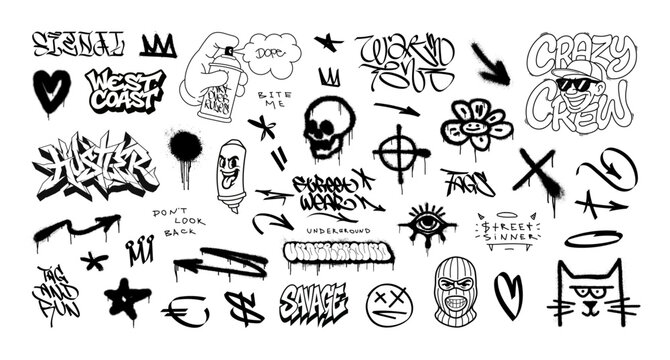 Urban street art wall, black graffiti, tags, lettering, doodles with spray effect. Graffiti collection for streetwear, t-shirt, merch. Street art graphic box in underground, hip-hop style. Vector set