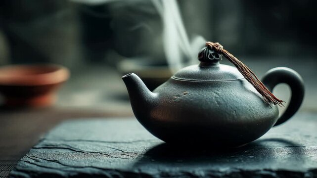 A traditional teapot made of dark clay sits on a stone surface. Steam rises from the spout, creating a serene atmosphere. Soft lighting enhances the scene.