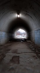 Dimly lit concrete tunnel with blurred view and bare earthen path