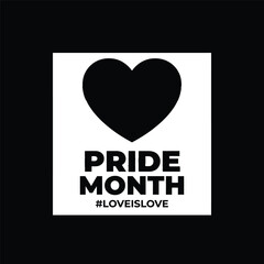 Bold black heart shape with pride month and love is love typography representing lgbtq community equality human rights romance and global social inclusion for all.