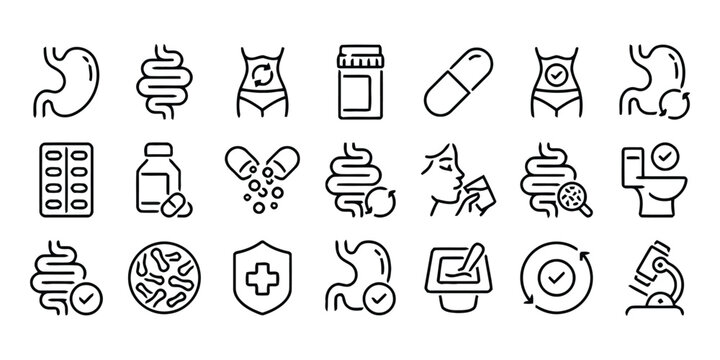 Gastrointestinal health icons set digestive system organ and medicine flat vector illustrations