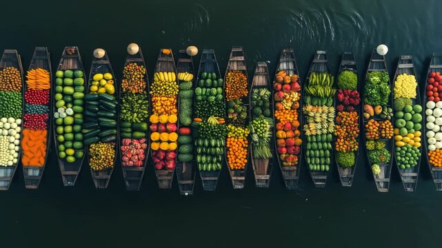 Colorful fruits and vegetables arranged in wooden boats on a river. Various types of produce including oranges, bananas, and greens are visible.