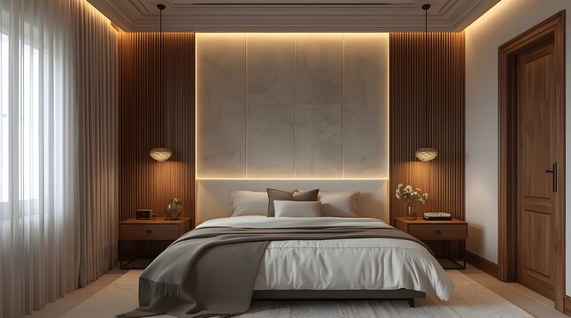 O texto descreve um quarto de casal com cabeceira em madeira, forro com isopor que imita gesso, al&eacute;m de lumin&aacute;rias e ilumina&ccedil;&atilde;o em LED.