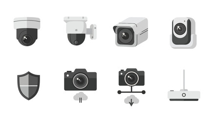 Collection of security cameras and related technology icons for surveillance and protection.