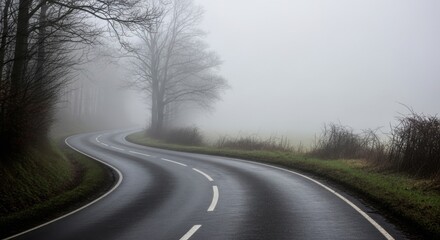Winding road through misty landscape, atmospheric and serene, leading into the distance.