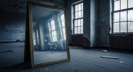 Abandoned Room with Mirror Reflecting Windows and Decay.