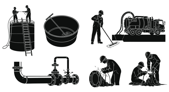 Collection of black and white vector illustrations depicting industrial maintenance and construction worker activities.