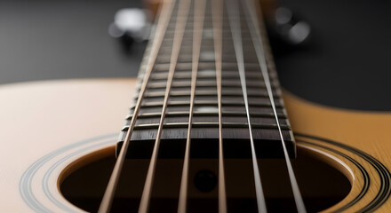 Obraz premium Detailed acoustic guitar close-up showing fretboard, strings, and wood texture, highlighting craftsmanship and musical instrument precision. 