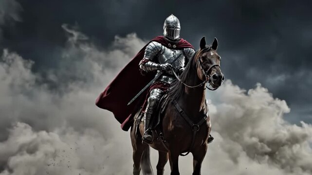 Medieval knight on horseback charging through dust storm