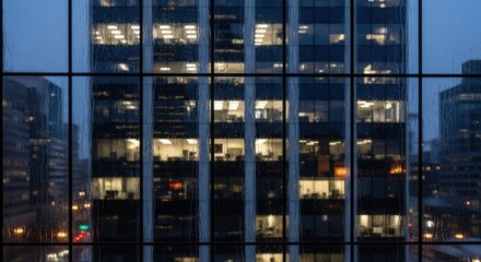 Office building view through window at dusk, illuminated windows.