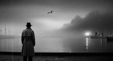 Mysterious Figure Gazing at the Misty Waters with a Flying Bird.