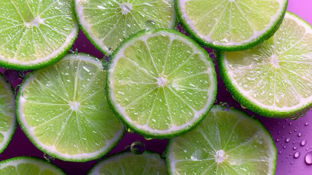 Fresh green lime slices arranged on a surface. The limes are juicy and vibrant, showcasing their bright color and texture.