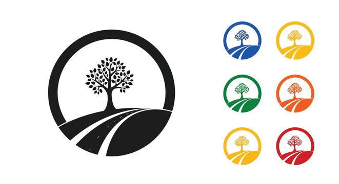 Tree logo design with a curved road on a white background.