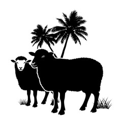 Silhouettes of two sheep standing in a grassy field with palm trees in the background, symbolizing rural life and nature © adobe