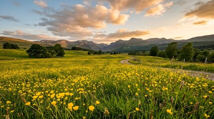 Scenic view of a vast field overflowing with bright yellow buttercups leading towards distant majestic mountains during sunset