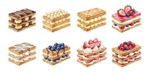 A charming watercolor collection of mille feuille pastries, including vanilla cream, chocolate drizzle, and fresh berry layers. © liana