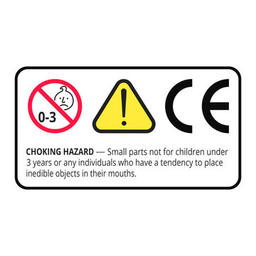 Warning choking hazard label with CE mark and safety icons