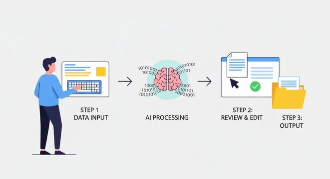 Infographic illustrating AI processing steps for data input, review, and output