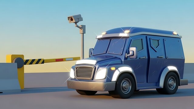 Stylized Armored Cash Transport Van with Security Camera and Barrier at Checkpoint - Digital 3D Render