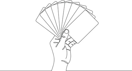 Minimalist continuous one line drawing of a hand holding a fan of blank playing cards for gaming and magic concepts. © Mst