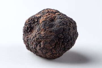 black truffle with warty surface on simple background, empty space to right