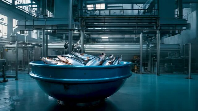 Fresh fish collected in stainless steel basin inside modern seafood processing facility with clean industrial environment