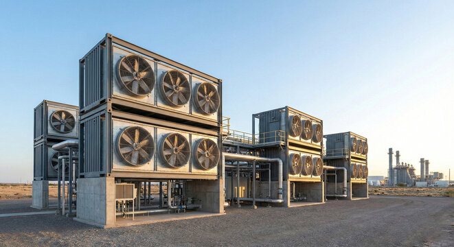 Large-scale Direct Air Capture (DAC) facility in a desert environment for carbon removal and climate change mitigation.
