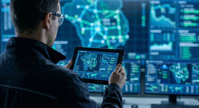 IT engineer using a digital tablet in a high-tech network operations control room with global data screens.