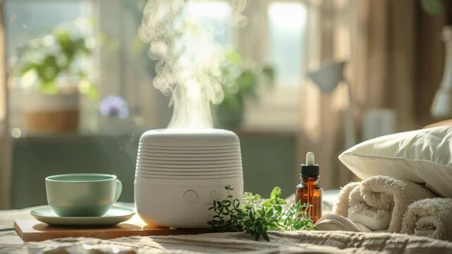 A calming atmosphere prevails in a warm, serene space as an aromatherapy diffuser, accompanied by a cup and various herbal ingredients, rests on a nearby table amidst lush greenery