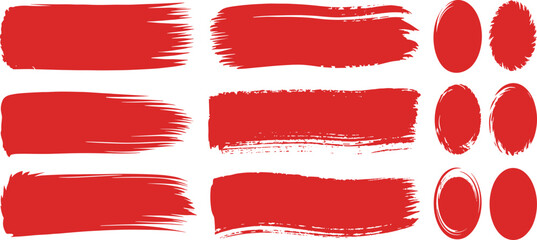 Red grunge brush strokes and circle paint elements, abstract acrylic texture set isolated on white background for design use