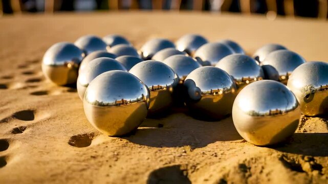 Shiny chrome spheres arranged on sandy surface reflecting warm sunlight creating geometric metallic composition outdoors