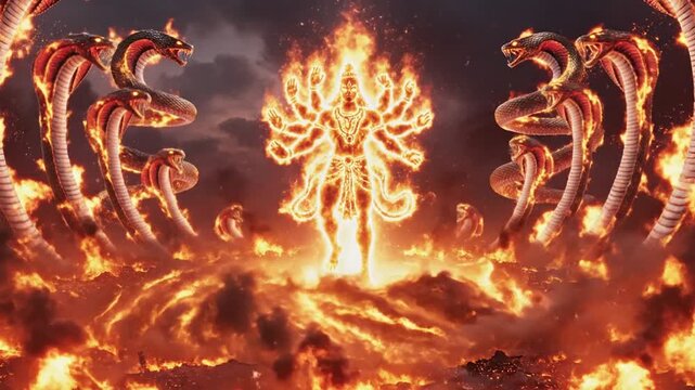 Dramatic apocalyptic scene with fiery explosion and mythical creatures