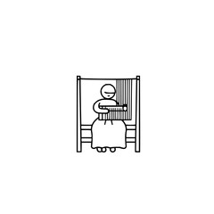 Obraz premium Minimalist pictogram of a weaver working on a loom, textile crafts symbol, bold line illustration on white background for textiles industry