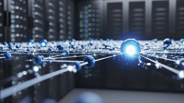 Network of interconnected nodes in a data center with server racks.