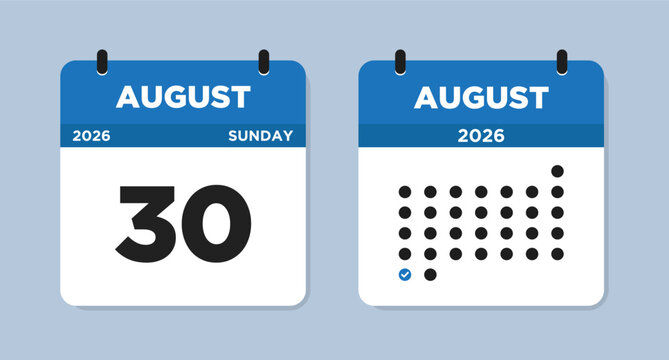 August 30 2026 (Sunday) Calendar page Vector Illustration. 30 August calendar page. Day calendar with date August 30. Week Starts on Sunday. Checklist day calendar. Modern Calendar template icon.