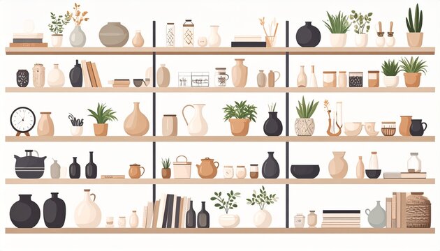 Minimalist home decor shelf with plants vases books and natural elements flat lay