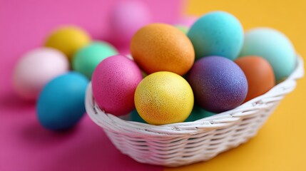 Obraz premium A white wicker basket filled with colorful Easter eggs on a vibrant pink and yellow background