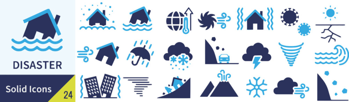 Natural disaster and extreme weather solid icons collection for climate awareness