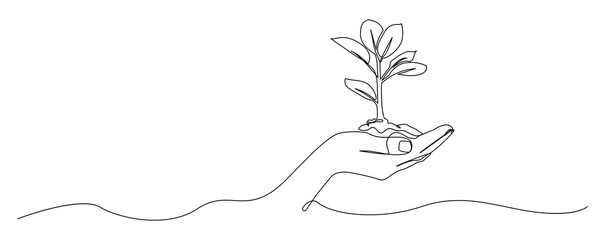 A continuous minimalist single line drawing, depicting a hand holding a small growing plant with leaves and soil.