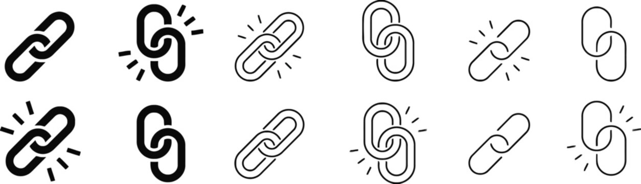 Set of chain link icons representing connection and security in outline and solid styles