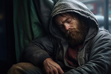 Fototapeta premium Homeless man with beard and closed eyes resting. Social problem of homelessness and poverty. Empathy concept.