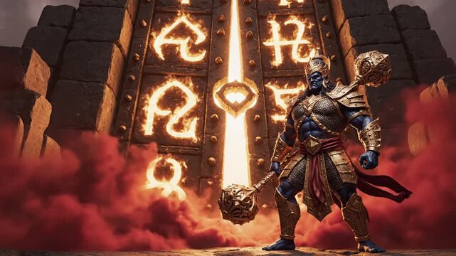 Powerful blue demon warrior standing before ancient fiery gates